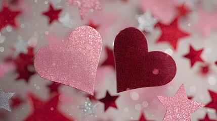 Fototapeta premium Glittery Pink and Red Hearts with Shiny Stars on Sparkling Background. Romantic Valentines Day Background Texture.