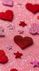 Obraz premium Glittery Pink and Red Hearts with Shiny Stars on Sparkling Background. Romantic Valentines Day Background Texture.