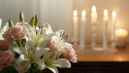 Beautiful bouquet of lilies and carnations with candles in the background creating a warm ambiance