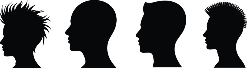 Male profile silhouettes, hairstyle outline, spiky hair shadow, bald head icon, side part figure, mohawk design, fashion shape