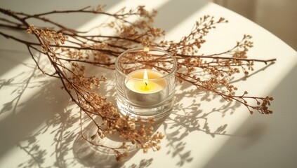 Burning candle in a glass holder with dried flowers on a white surface casting shadows