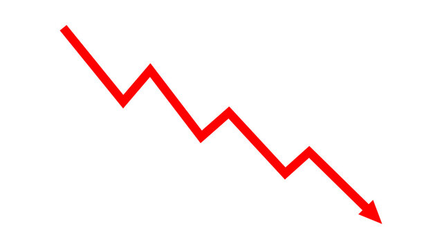 Red falling down arrow zigzag line graph indicates financial loss concept, stock market fall, business loss, market crash, economic loss. Red graph arrow downward direction. Vector illustration.