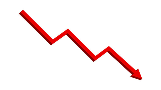 Red falling down 3D arrow zigzag line graph indicates financial loss concept, stock market fall, business loss, market crash, economic loss. Red graph arrow downward direction. Vector illustration.