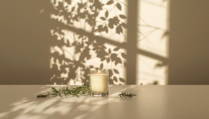 Burning candle in glass jar with plant casting shadows on wall on white table