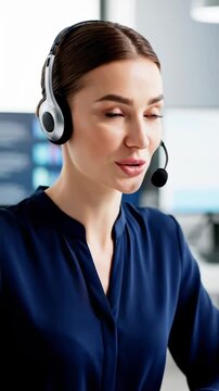 Focused and Professional Female Call Center Agent Engaged in Customer Service with a Warm Smile While Wearing a Headset in a Modern Office Environment