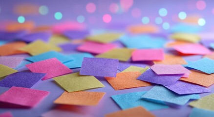 Vibrant Pastel Confetti Squares Scattered with Dreamy Bokeh Lights for a Festive Celebration.