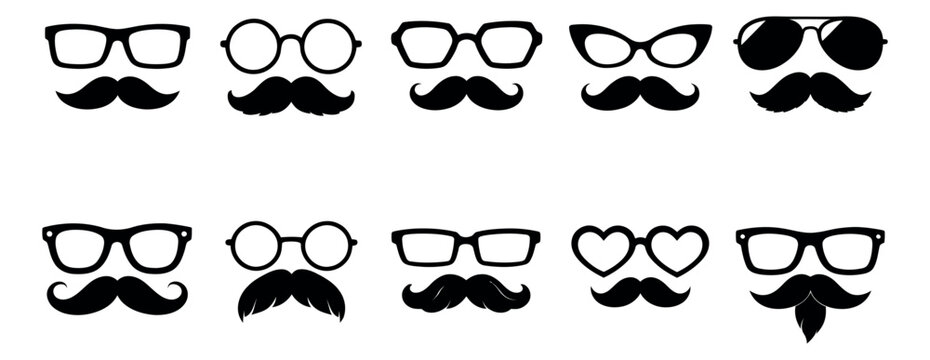 Stylized mustache and glasses set featuring various styles of eyeglasses, sunglasses, mustaches, and beards for photo booth props and retro themes