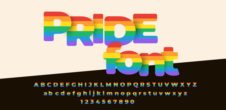 Rainbow wave Pride alphabet script graphic with colorful LGBT letters. Lesbian, gay and bisexual typography vector isolated on white background for Pride Month, equality, diversity, inclusion designs.