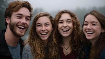 Obraz premium A diverse group of young friends share joyful laughter in a misty outdoor landscape