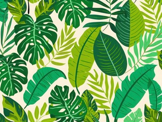 Fototapeta premium Vibrant tropical leaf pattern with various green hues and shapes on beige background