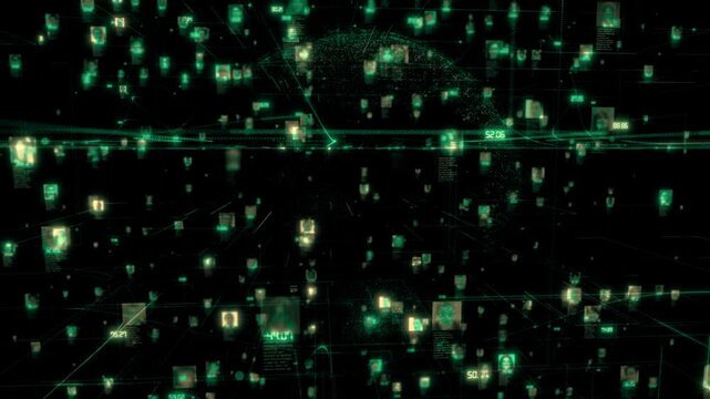 social network of big data concept with a stream of different people faces connection to each other by dark blue lines on the background of the planet earth model, 3d rendering 4K video.