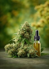 Fototapeta premium A bottle of CBD oil is placed near a fresh cannabis bud, showcasing the natural ingredients and potential benefits.