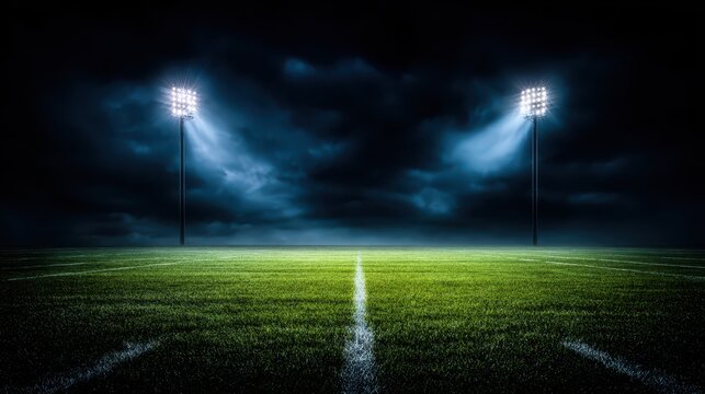 A dramatic, wide shot of an empty sports field illuminated by powerful stadium lights against a dark, cloudy night sky.