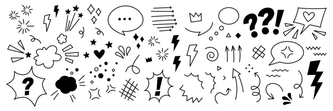 Comic expression black vector elements of speech bubbles, pop art sound effects, explosive lines, arrows, stars, anime emotion symbols. Cool hand drawn doodles, angry emotion for comics book, stickers