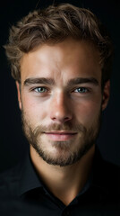 Obraz premium Nahaufnahme eines attraktiven Mannes mit Dreitagebart vor dunklem Hintergrund