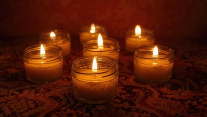 Seven small candles in glass jars are burning in the dark, creating a warm and cozy atmosphere