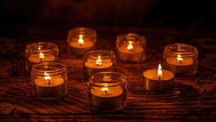 Group of small candles burning on a wooden surface creating a warm and cozy atmosphere
