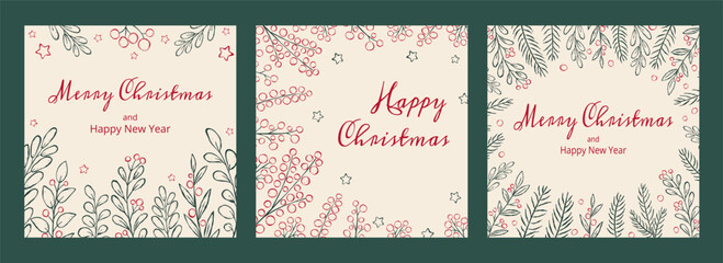 Elegant set of minimalist Christmas square cards with hand drawn winter foliage, berries, stars and festive typography on a warm cream background. Template for poster, invitation, cover, social media