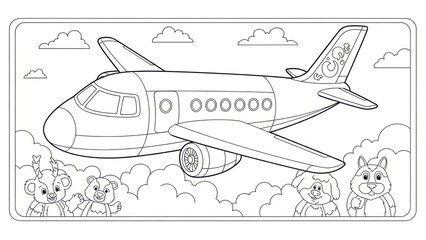 Airplane illustration with animal characters in black and white for coloring