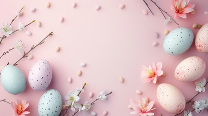 Elegant easter egg arrangement with spring flowers for festive decoration and celebration. Horizontal banner. Copy space. Free space for text