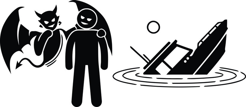 A person influenced by a devil's temptation leads to a disastrous outcome and sinking ship