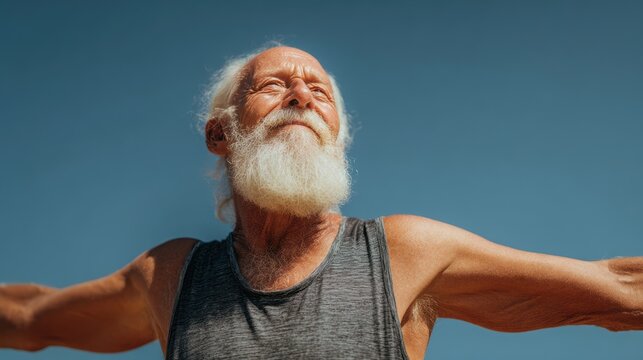 Cardio sports exercise, healthy lifestyle. An older man with a white beard and a gray tank top, stretching his arms against a bright blue sky.