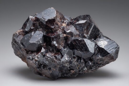 Close-up image of a magnetite mineral sample showing dark gray crystals and textured surfaces