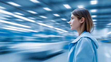 Side view of a young woman in a blue hoodie standing in a modern high-tech industrial facility with blue motion blur and factory lights