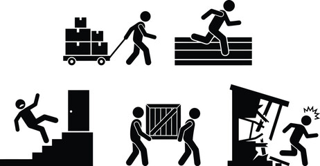 A collection of stick figure pictograms showing different types of potential workplace safety hazards and risks