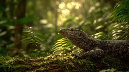 Fototapeta premium Close-up of a monitor lizard perched on a mossy log in a tropical rainforest