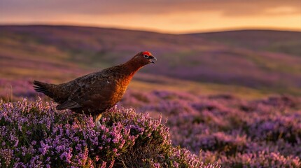 Wild Red Grouse in Golden Heather Moorland at Sunset
