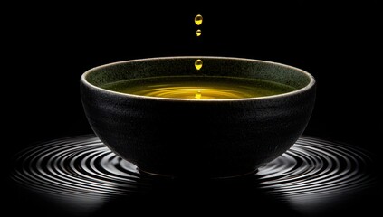 Gold-hued liquid drips into a dark bowl, creating circular ripples in a black background