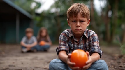 A young boy sitting on the ground with a solemn expression, holding an orange, embodies the feeling of sadness and longing amidst a blurred background of playmates.