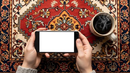 A person holding a tablet on a colorful rug with a cup of coffee