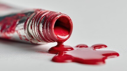 Close-up of a squeezed red paint tube with vivid acrylic paint pooling on a white surface