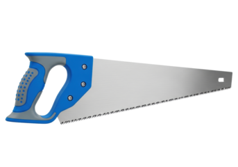 professional carpenter's hand saw with matte steel blade and vibrant electric blue rubber grip, isolated on a transparent background, three-quarters view. concept of professional grade