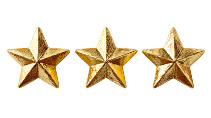 Obraz premium Three golden stars isolated on transparent background, award and achievement graphic element for decoration and design