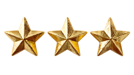 Three golden stars isolated on transparent background, award and achievement graphic element for decoration and design