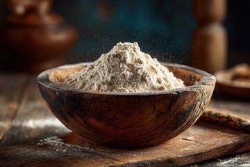 Fototapeta premium Close-up of a wooden bowl with flour, warm light, rustic kitchen scene for baking