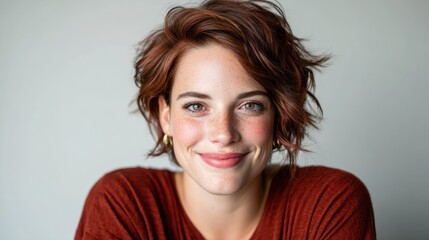 A warm and inviting portrait of a smiling woman with short hair and freckles, showcasing her natural beauty and confident charm against a soft, neutral background.