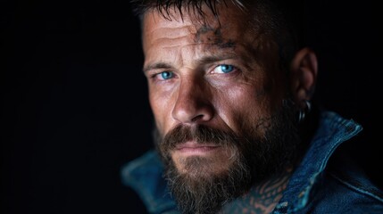 Fototapeta premium A deep, intense close-up portrait of a tattooed man with a beard, showcasing his piercing blue eyes and rugged exterior against a dark background, radiating strength.