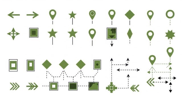 Dynamic vector icon set with diverse arrows, map pointers, and geometric shapes. Perfect for illustrating navigation, location, and process flows in digital interfaces and graphic design