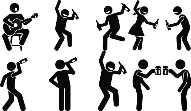 Stick figures illustration of people partying, drinking, and playing music