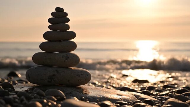 Zen Stone Tower at Sunset - A Peaceful Beach Meditation Scene.