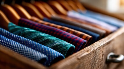 An assortment of neatly folded, colorful shirts displayed in a wooden drawer, showcasing organization and vibrant patterns, perfect for a stylish wardrobe makeover inspiration.