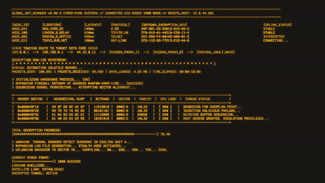 Realistic monochrome amber CRT monitor with horizontal scanlines. Yellow color window with process progress bar for loading and hacking. 80-s hacking UI program on computer with code and ASCII.