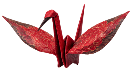 Origami paper crane in vivid red on transparent background, traditional folded paper art