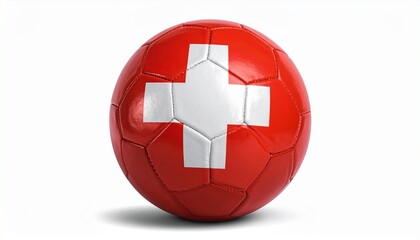 Glossy red soccer ball with Swiss cross emblem, symbolizing national pride and sport fusion.