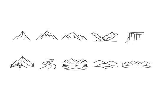 Minimal line-art mountain and landscape icon set featuring peaks, ridges, forested slopes, winding river, lake, hills, and plateau silhouettes