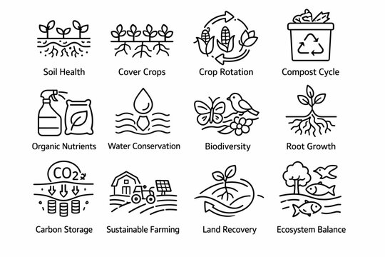 Sustainable agriculture infographic icons illustrating soil health, cover crops, crop rotation, composting, water conservation, biodiversity, and carbon storage